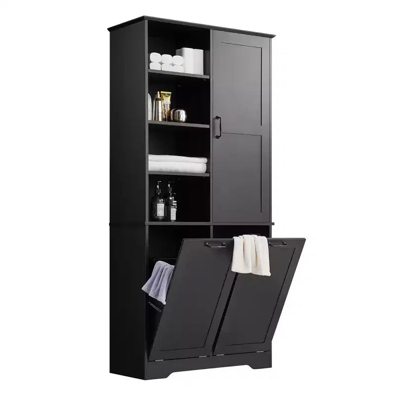 Whisen Bathroom Storage Cabinet with Drawers, Tilt-Out Laundry Hamper and Open Shelves