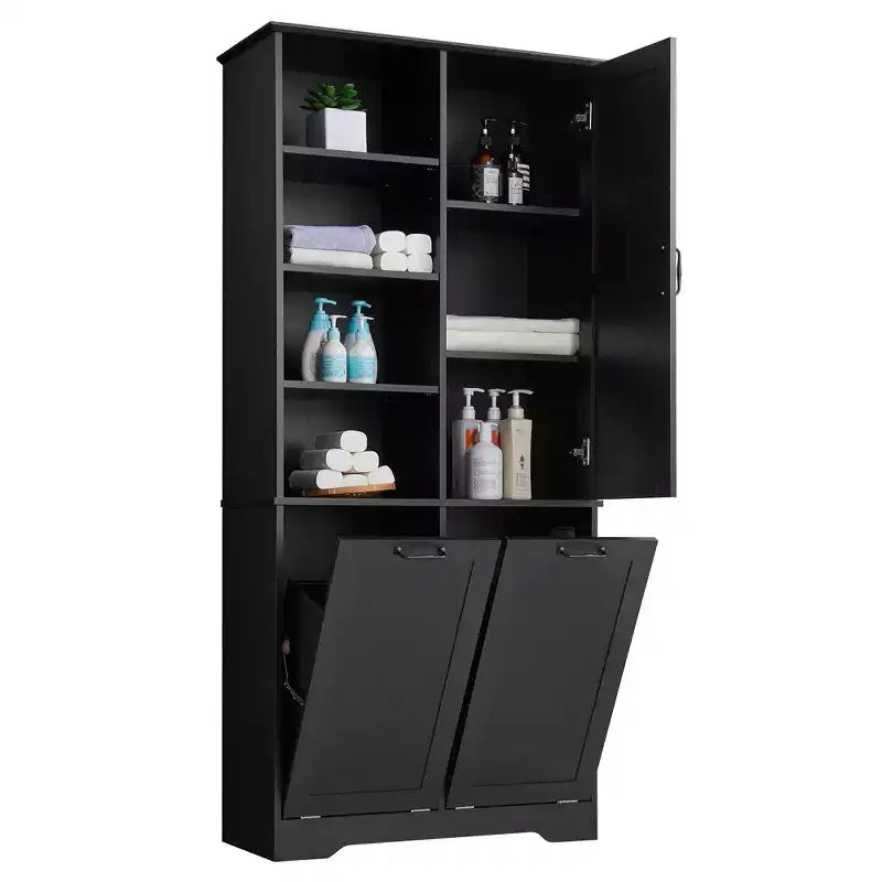 Whisen Bathroom Storage Cabinet with Drawers, Tilt-Out Laundry Hamper and Open Shelves