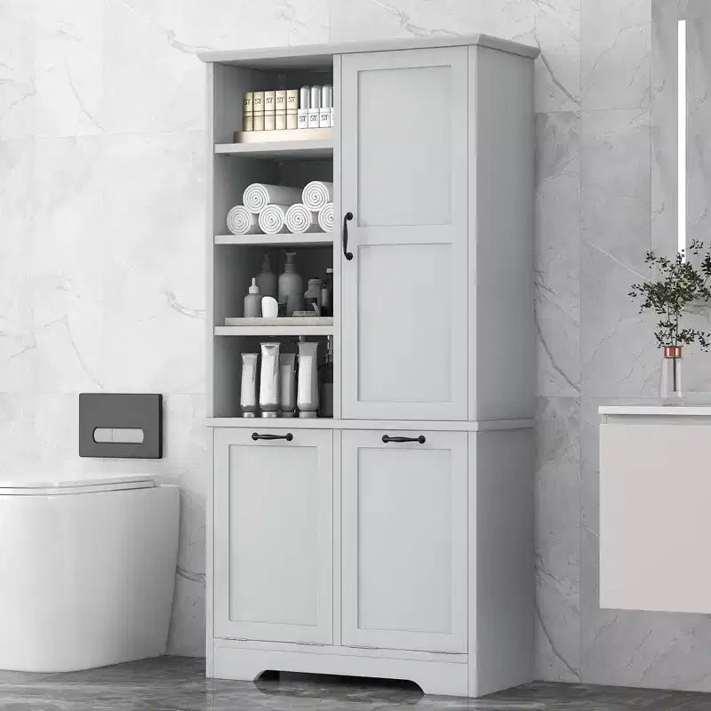 Whisen Bathroom Storage Cabinet with Drawers, Tilt-Out Laundry Hamper and Open Shelves