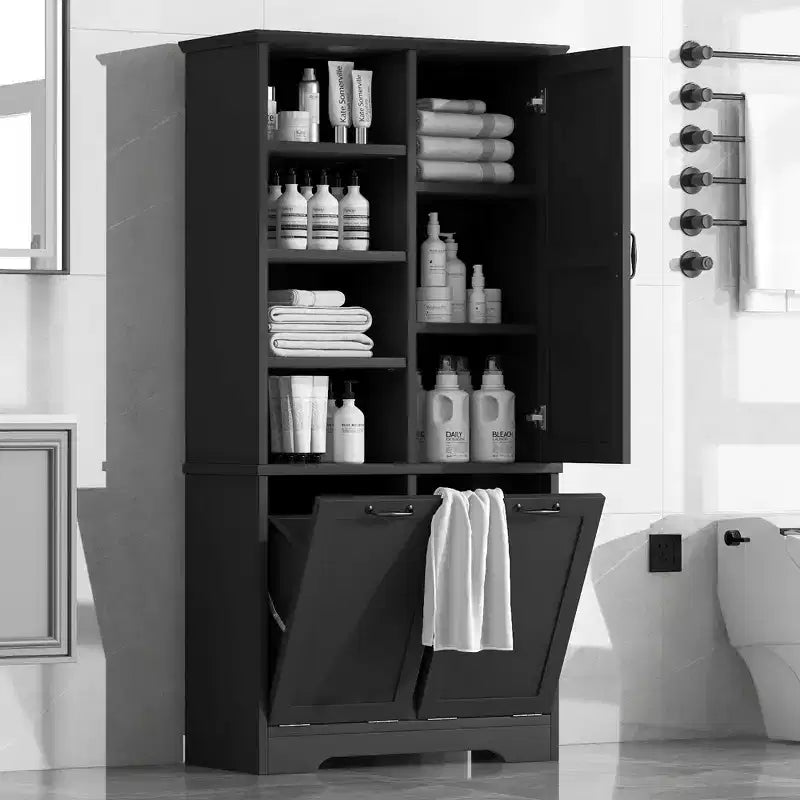 Whisen Bathroom Storage Cabinet with Drawers, Tilt-Out Laundry Hamper and Open Shelves