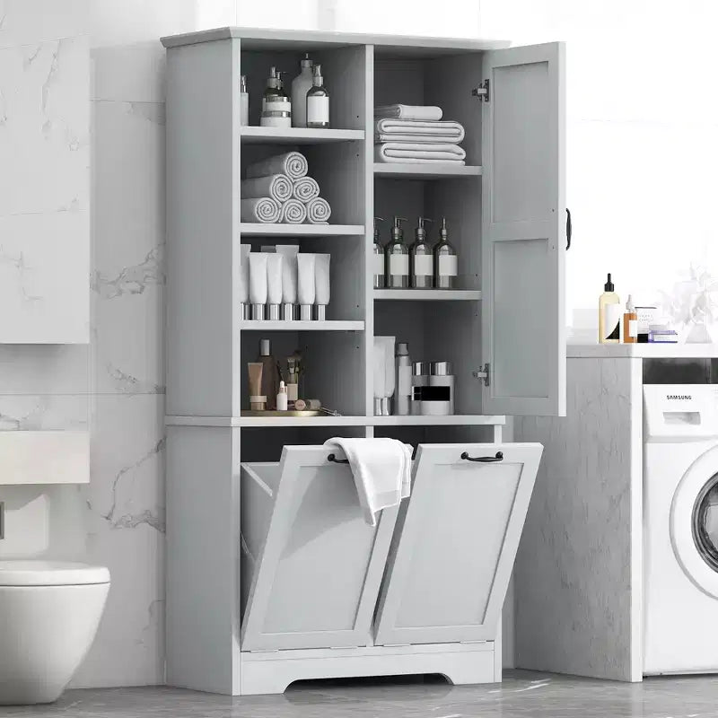 Whisen Bathroom Storage Cabinet with Drawers, Tilt-Out Laundry Hamper and Open Shelves