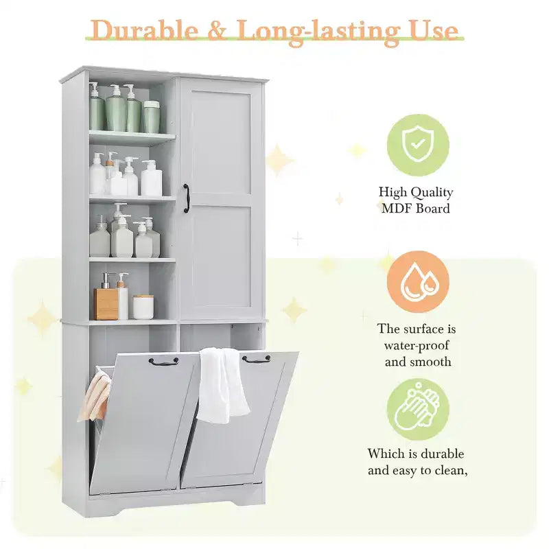 Whisen Bathroom Storage Cabinet with Drawers, Tilt-Out Laundry Hamper and Open Shelves