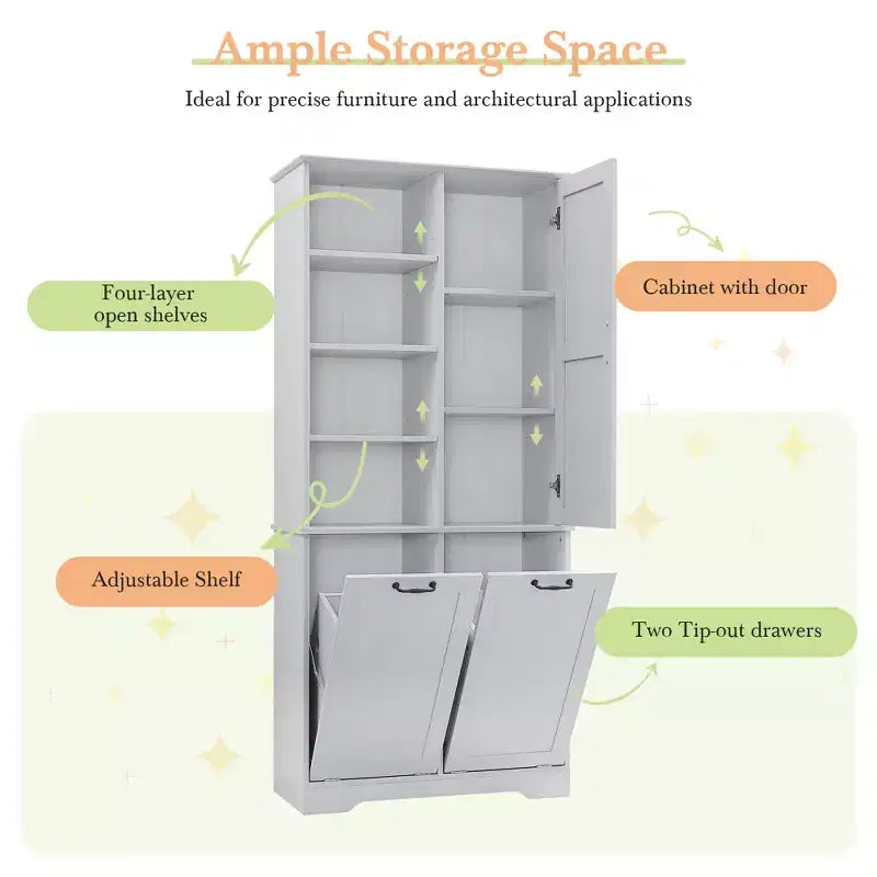Whisen Bathroom Storage Cabinet with Drawers, Tilt-Out Laundry Hamper and Open Shelves