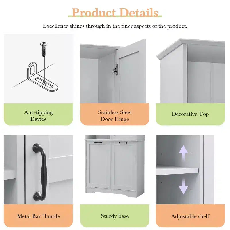Whisen Bathroom Storage Cabinet with Drawers, Tilt-Out Laundry Hamper and Open Shelves