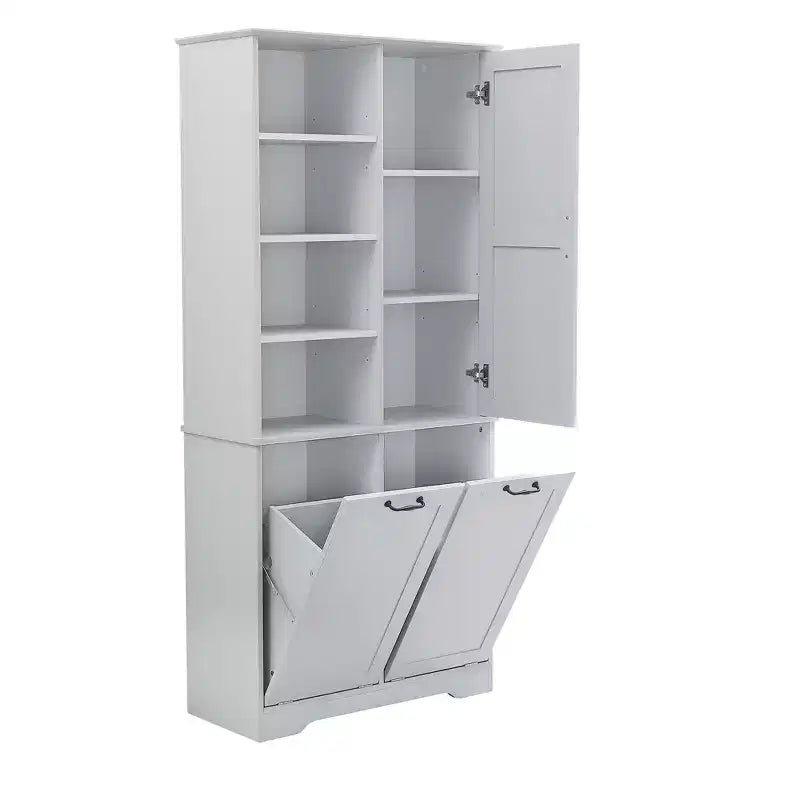 Whisen Bathroom Storage Cabinet with Drawers, Tilt-Out Laundry Hamper and Open Shelves