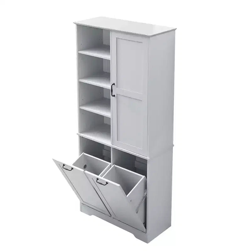 Whisen Bathroom Storage Cabinet with Drawers, Tilt-Out Laundry Hamper and Open Shelves