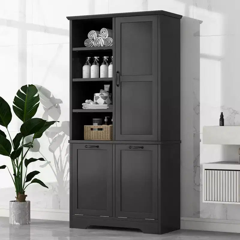 Whisen Bathroom Storage Cabinet with Drawers, Tilt-Out Laundry Hamper and Open Shelves