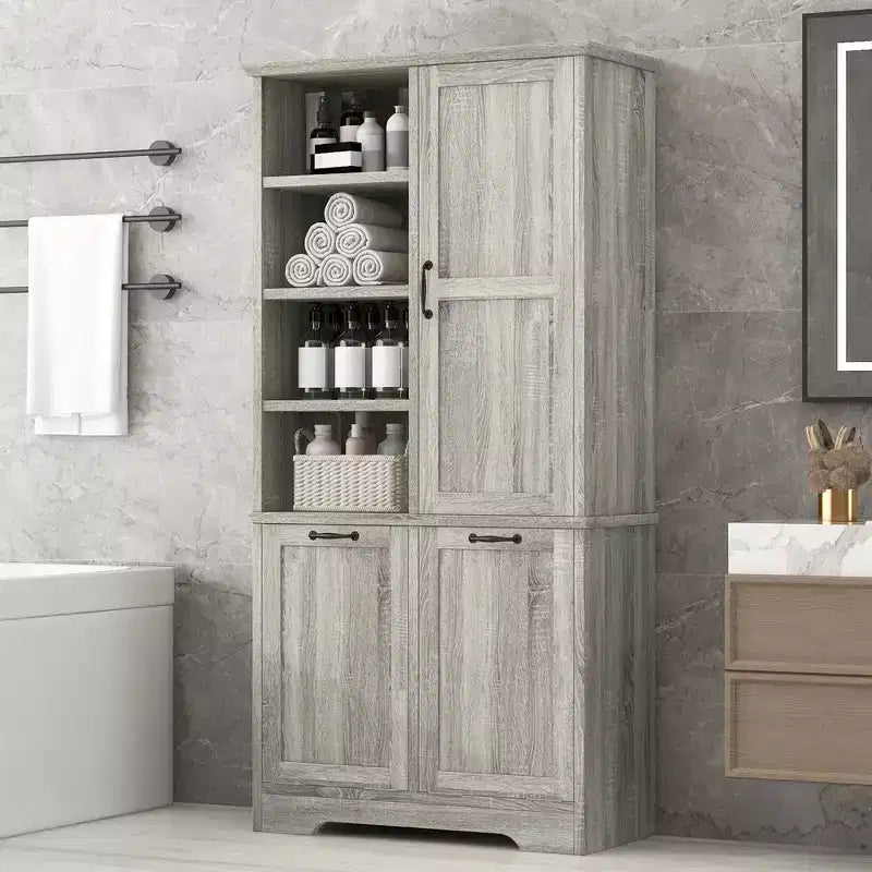 Whisen Bathroom Storage Cabinet with Drawers, Tilt-Out Laundry Hamper and Open Shelves