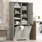Whisen Bathroom Storage Cabinet with Drawers, Tilt-Out Laundry Hamper and Open Shelves