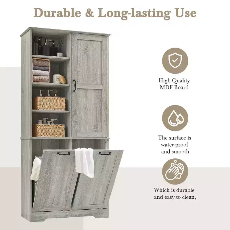 Whisen Bathroom Storage Cabinet with Drawers, Tilt-Out Laundry Hamper and Open Shelves