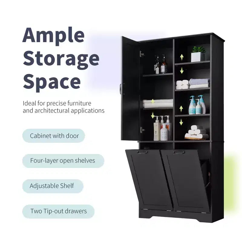 Whisen Bathroom Storage Cabinet with Drawers, Tilt-Out Laundry Hamper and Open Shelves