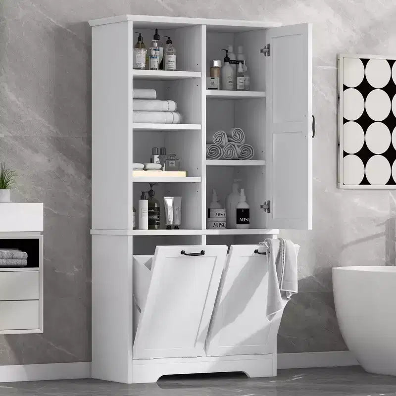 Whisen Bathroom Storage Cabinet with Drawers, Tilt-Out Laundry Hamper and Open Shelves
