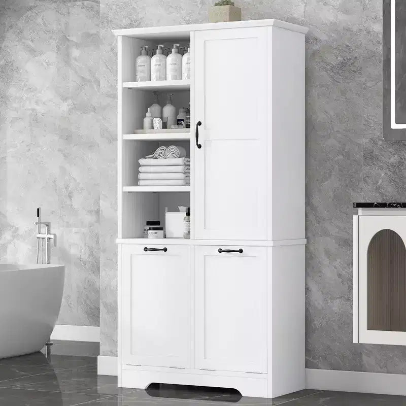 Whisen Bathroom Storage Cabinet with Drawers, Tilt-Out Laundry Hamper and Open Shelves