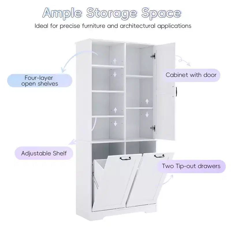 Whisen Bathroom Storage Cabinet with Drawers, Tilt-Out Laundry Hamper and Open Shelves