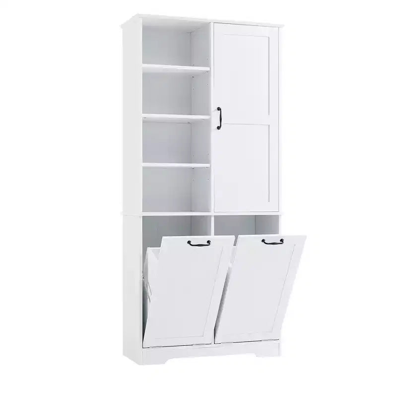 Whisen Bathroom Storage Cabinet with Drawers, Tilt-Out Laundry Hamper and Open Shelves