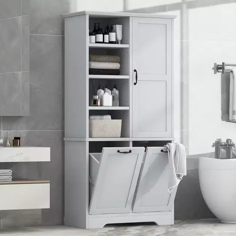 Whisen Bathroom Storage Cabinet with Drawers, Tilt-Out Laundry Hamper and Open Shelves