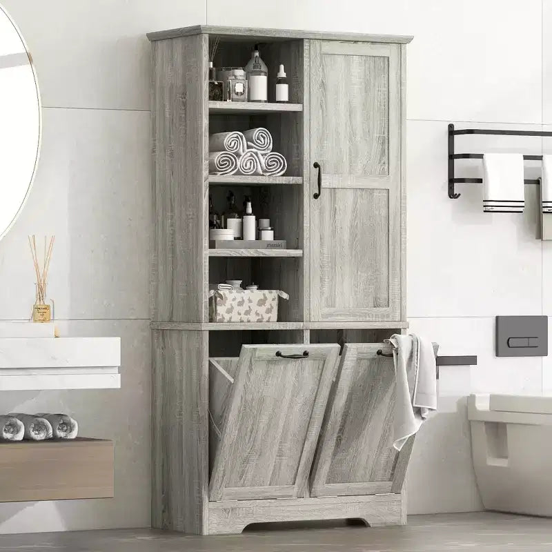 Whisen Bathroom Storage Cabinet with Drawers, Tilt-Out Laundry Hamper and Open Shelves