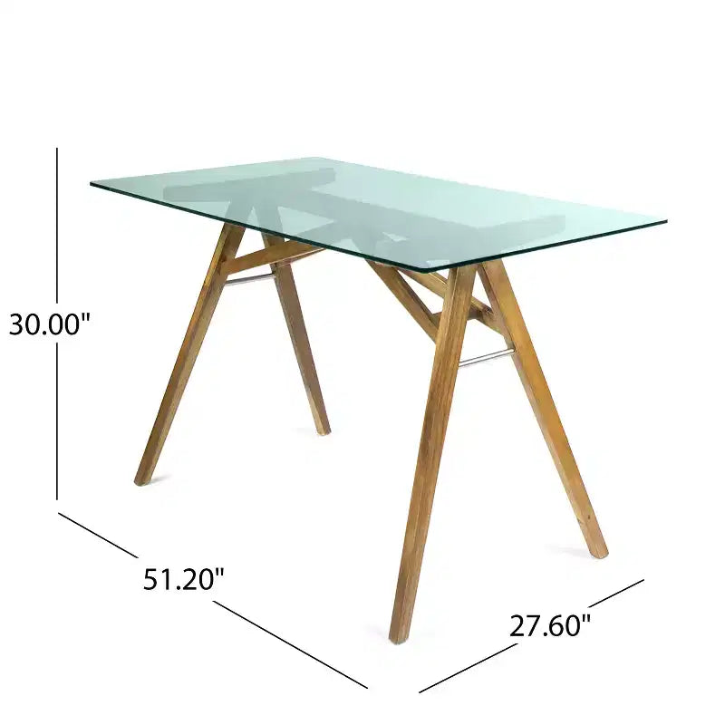GDFStudio Aviary Mid-Century Modern Glass Top Acacia Wood Desk, Natural/Green