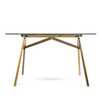 GDFStudio Aviary Mid-Century Modern Glass Top Acacia Wood Desk, Natural/Green