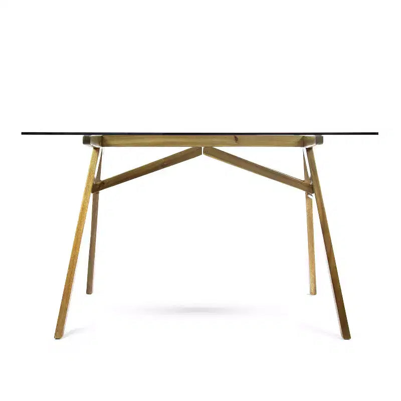 GDFStudio Aviary Mid-Century Modern Glass Top Acacia Wood Desk, Natural/Green