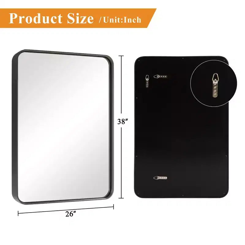 Black Painted Aluminum Alloy Rounded Rectangle Wall Mirror, 96 x 66 x 5 cm (Deep Reflection)