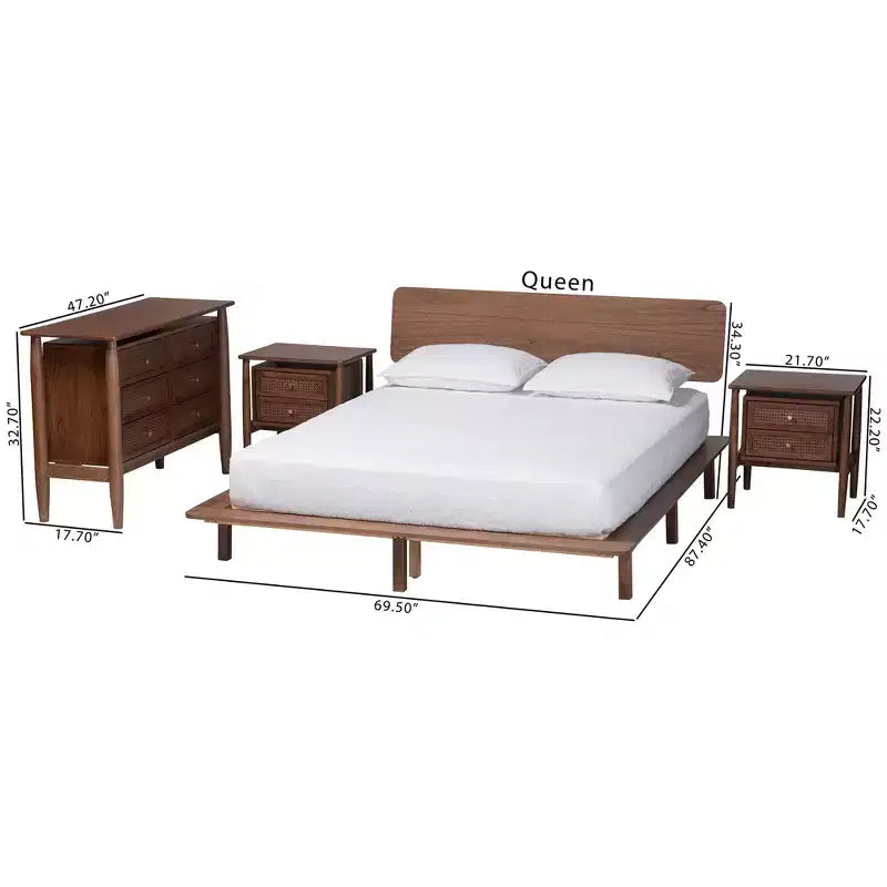 Alyssa Japandi Walnut Brown Wood 4-Piece Bedroom Set