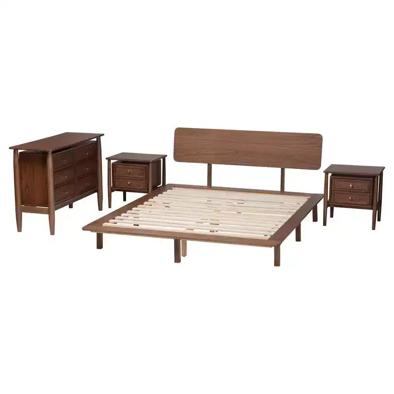 Alyssa Japandi Walnut Brown Wood 4-Piece Bedroom Set