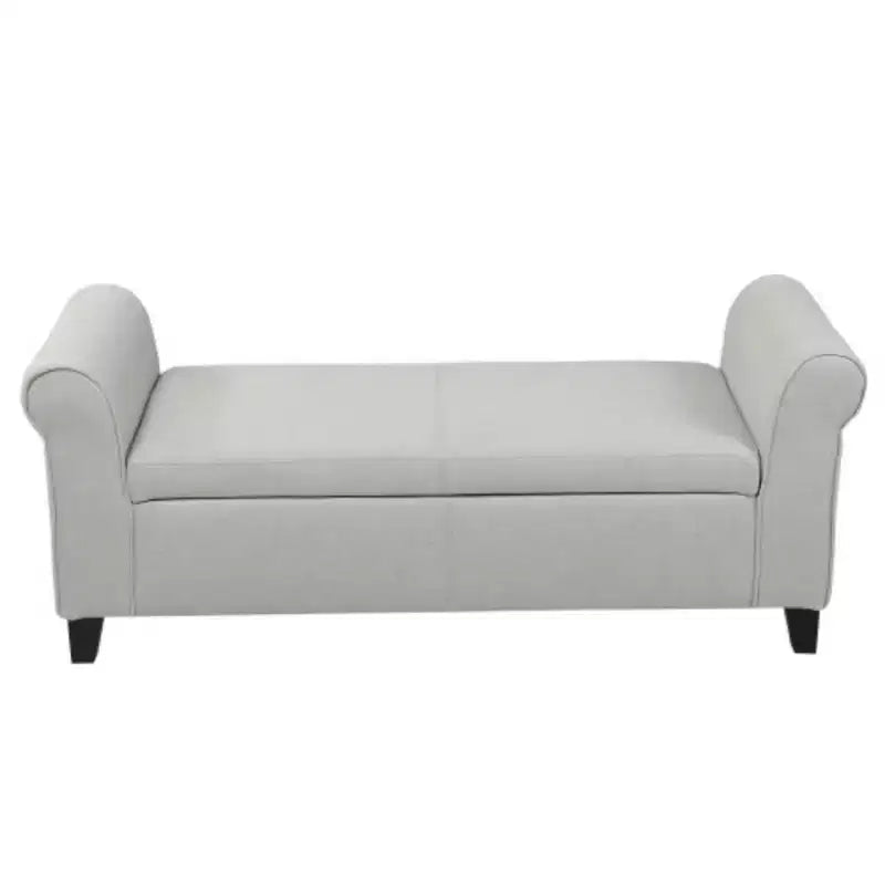 White Upholstered Storage Bench with Rolled Arms: Dimensions 50.00 x 20.50 x 19.50 inches
