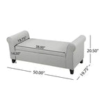 White Upholstered Storage Bench with Rolled Arms: Dimensions 50.00 x 20.50 x 19.50 inches