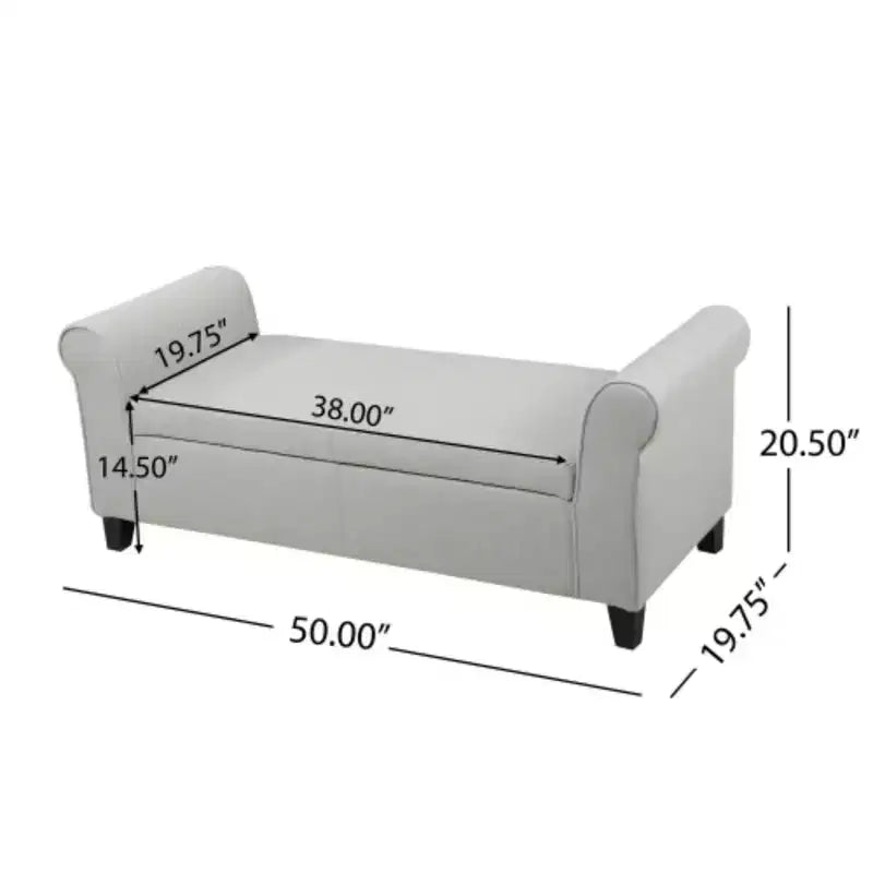 White Upholstered Storage Bench with Rolled Arms: Dimensions 50.00 x 20.50 x 19.50 inches