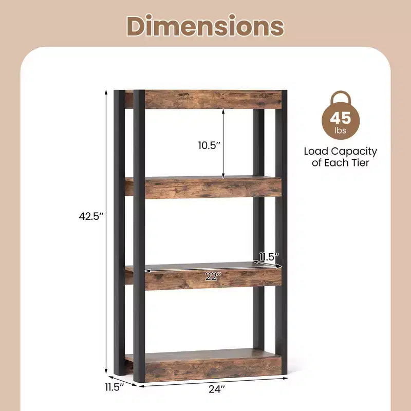 4-Tier Wooden Bookcase with Dual Anti-Tipping Kits