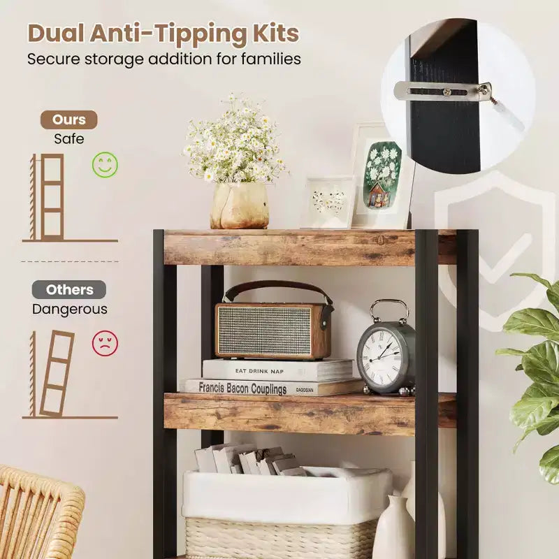 4-Tier Wooden Bookcase with Dual Anti-Tipping Kits