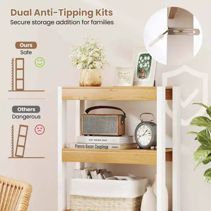 4-Tier Wooden Bookcase with Dual Anti-Tipping Kits