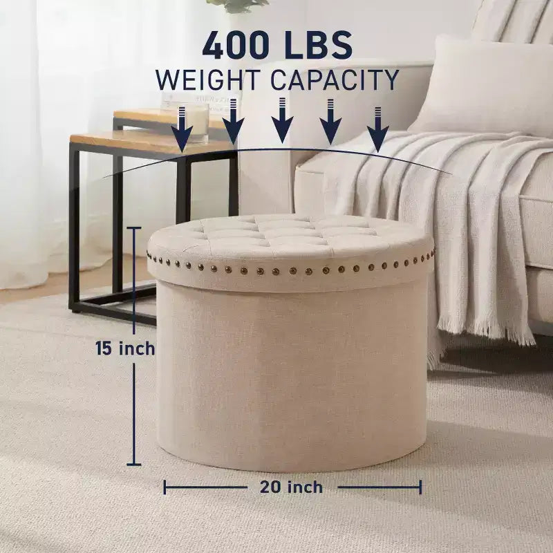 Large 20-Inch Round Collapsible Storage Ottoman with Nailhead Trim