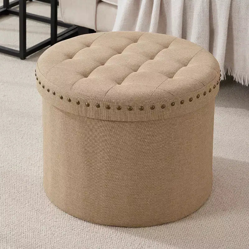 Large 20-Inch Round Collapsible Storage Ottoman with Nailhead Trim