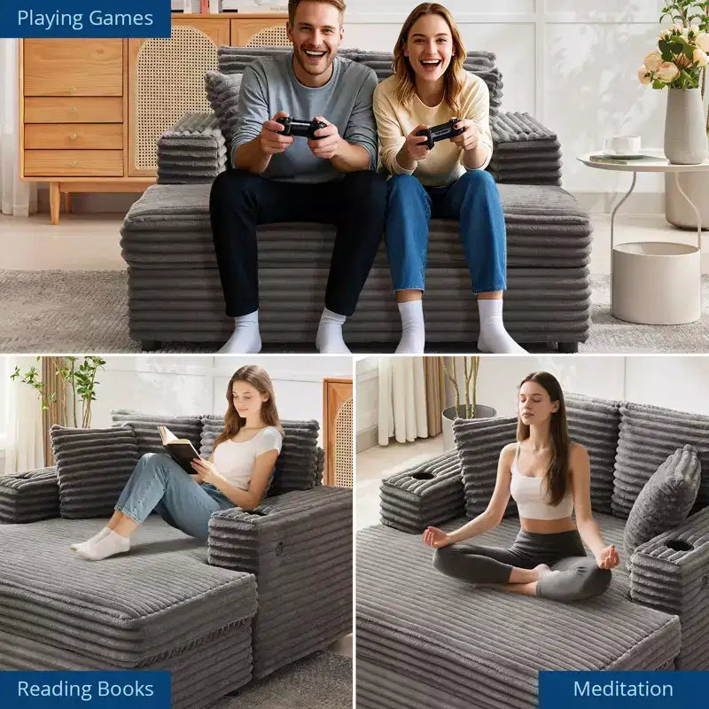 54 Inch Oversized Corduroy Chaise Lounge Chair,Upholstered Sofa Bed,w/ Charging Station,Cup Holders & Pillows,Corduroy Couch for Living Room, Bedroom