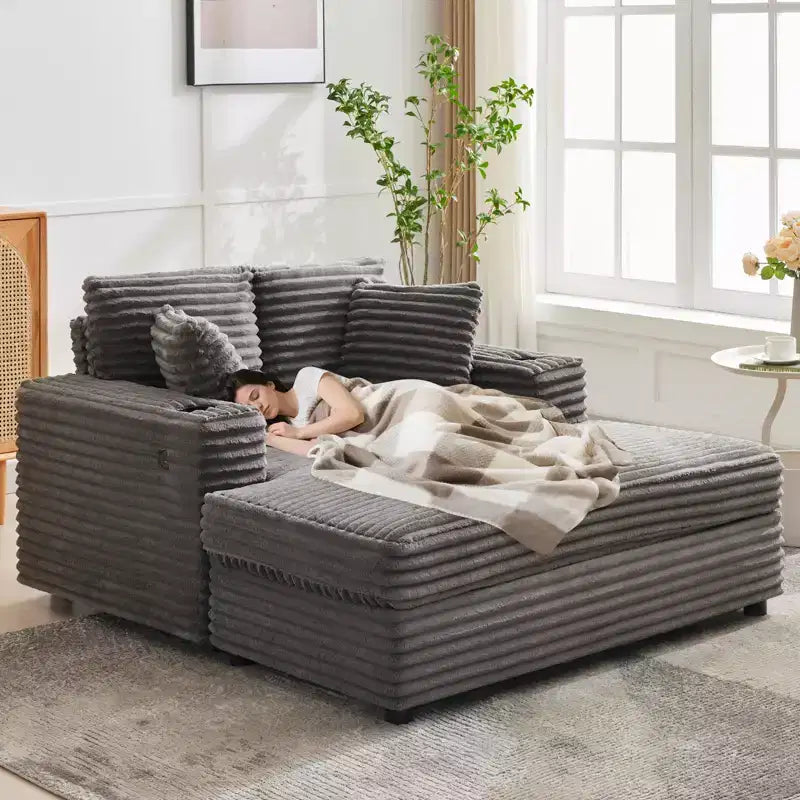 54 Inch Oversized Corduroy Chaise Lounge Chair,Upholstered Sofa Bed,w/ Charging Station,Cup Holders & Pillows,Corduroy Couch for Living Room, Bedroom