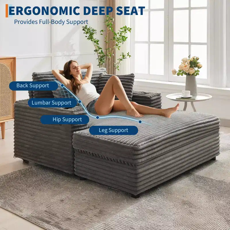 54 Inch Oversized Corduroy Chaise Lounge Chair,Upholstered Sofa Bed,w/ Charging Station,Cup Holders & Pillows,Corduroy Couch for Living Room, Bedroom