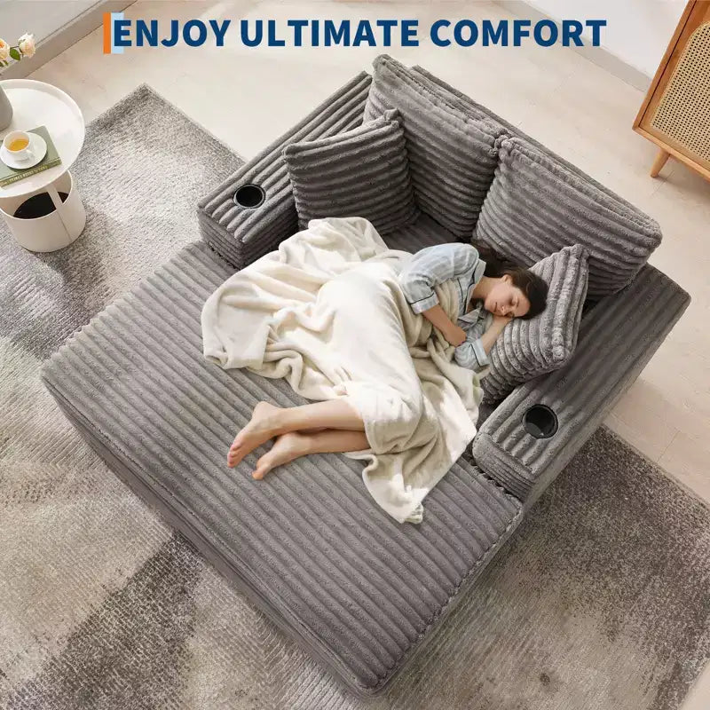 54 Inch Oversized Corduroy Chaise Lounge Chair,Upholstered Sofa Bed,w/ Charging Station,Cup Holders & Pillows,Corduroy Couch for Living Room, Bedroom