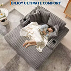 54 Inch Oversized Corduroy Chaise Lounge Chair,Upholstered Sofa Bed,w/ Charging Station,Cup Holders & Pillows,Corduroy Couch for Living Room, Bedroom