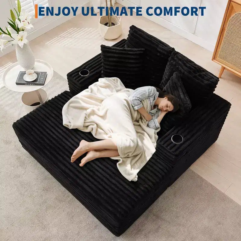 54 Inch Oversized Corduroy Chaise Lounge Chair,Upholstered Sofa Bed,w/ Charging Station,Cup Holders & Pillows,Corduroy Couch for Living Room, Bedroom