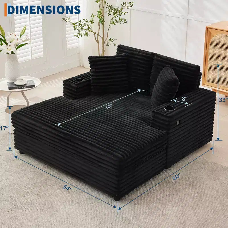 54 Inch Oversized Corduroy Chaise Lounge Chair,Upholstered Sofa Bed,w/ Charging Station,Cup Holders & Pillows,Corduroy Couch for Living Room, Bedroom