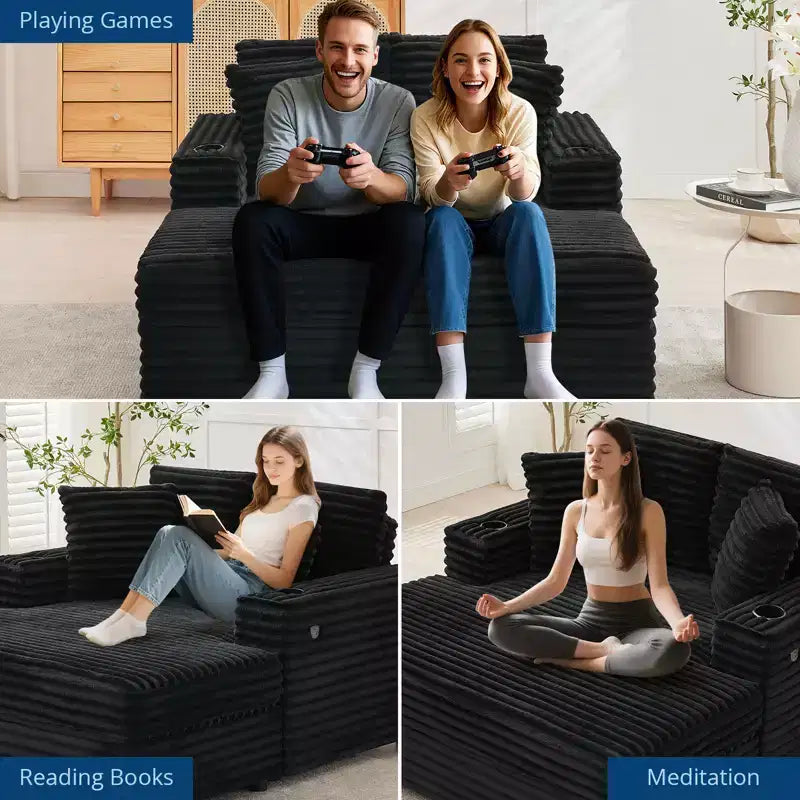 54 Inch Oversized Corduroy Chaise Lounge Chair,Upholstered Sofa Bed,w/ Charging Station,Cup Holders & Pillows,Corduroy Couch for Living Room, Bedroom