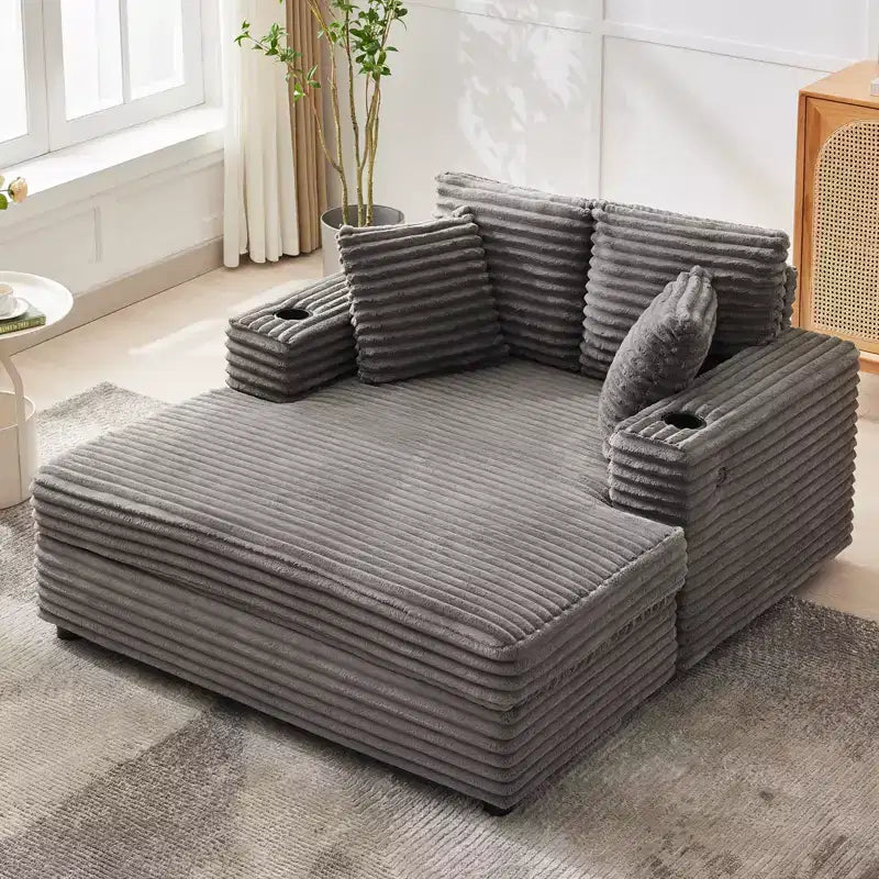 54 Inch Oversized Corduroy Chaise Lounge Chair,Upholstered Sofa Bed,w/ Charging Station,Cup Holders & Pillows,Corduroy Couch for Living Room, Bedroom