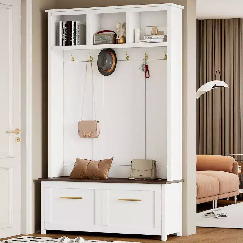 4-in-1 Hall Tree with 6 Golden Hooks, Bench and 2 Drawers