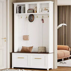 4-in-1 Hall Tree with 6 Golden Hooks, Bench and 2 Drawers