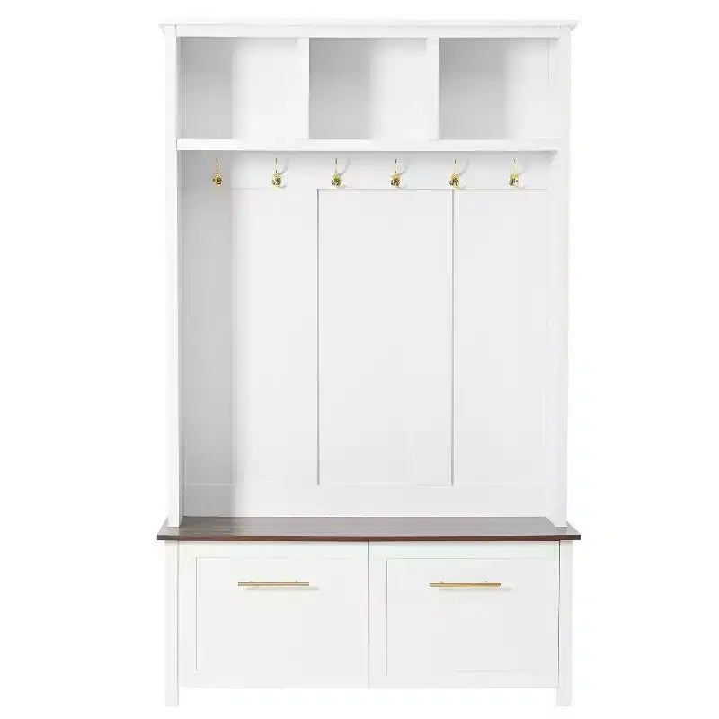 4-in-1 Hall Tree with 6 Golden Hooks, Bench and 2 Drawers