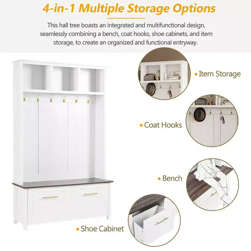 4-in-1 Hall Tree with 6 Golden Hooks, Bench and 2 Drawers