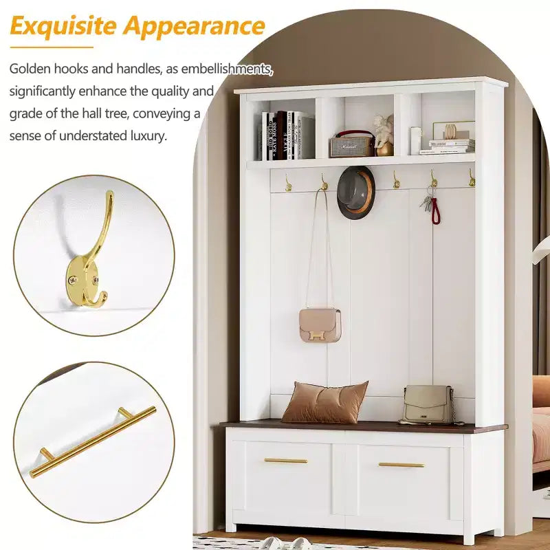 4-in-1 Hall Tree with 6 Golden Hooks, Bench and 2 Drawers
