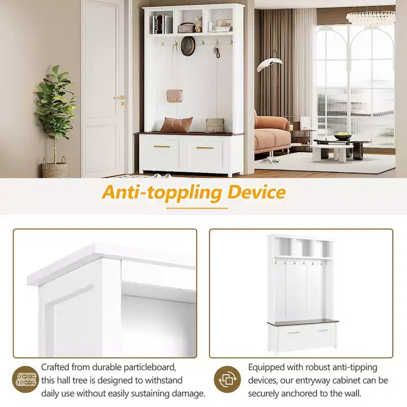 4-in-1 Hall Tree with 6 Golden Hooks, Bench and 2 Drawers